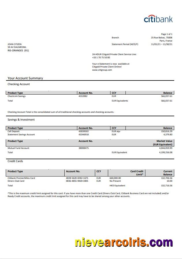 France Citibank bank statement